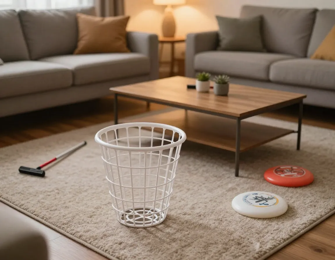Living room putting paradise with portable basket and furniture obstacles