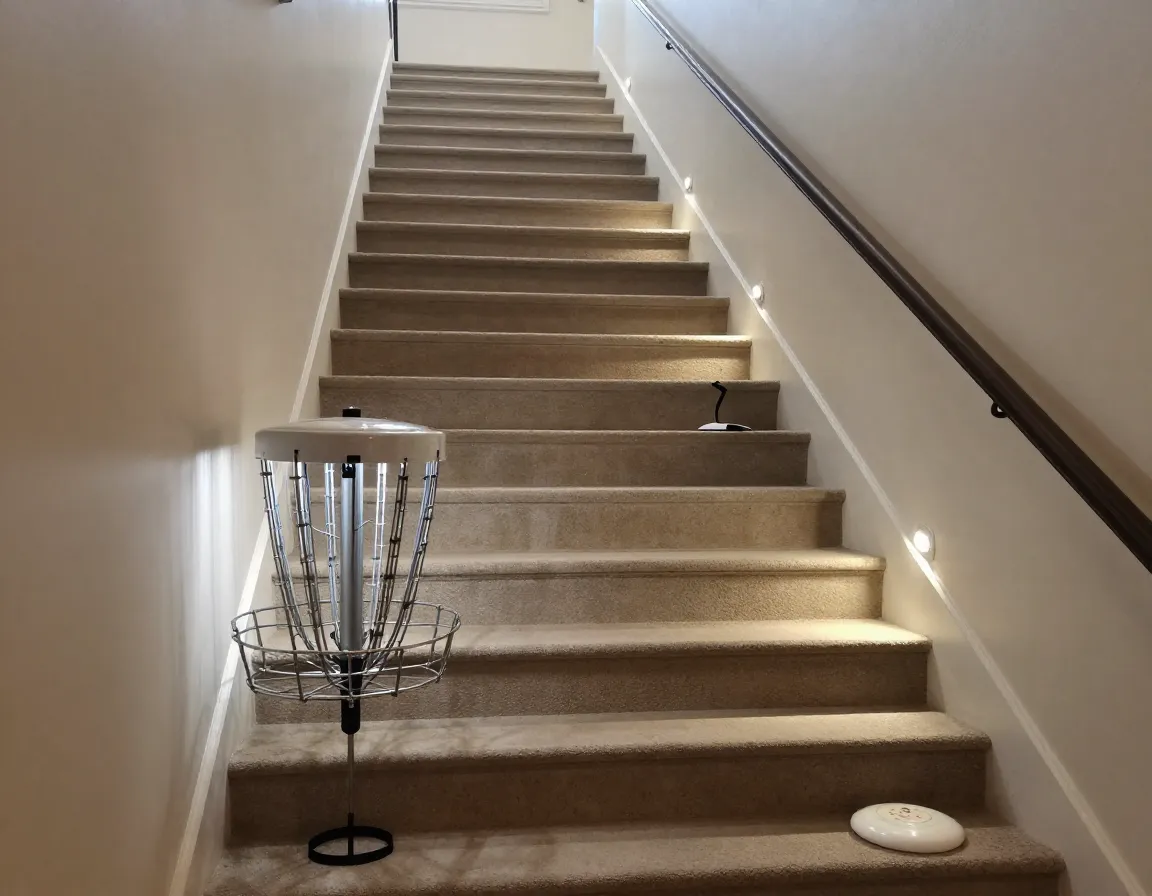 Multi level staircase course with basket on different landing