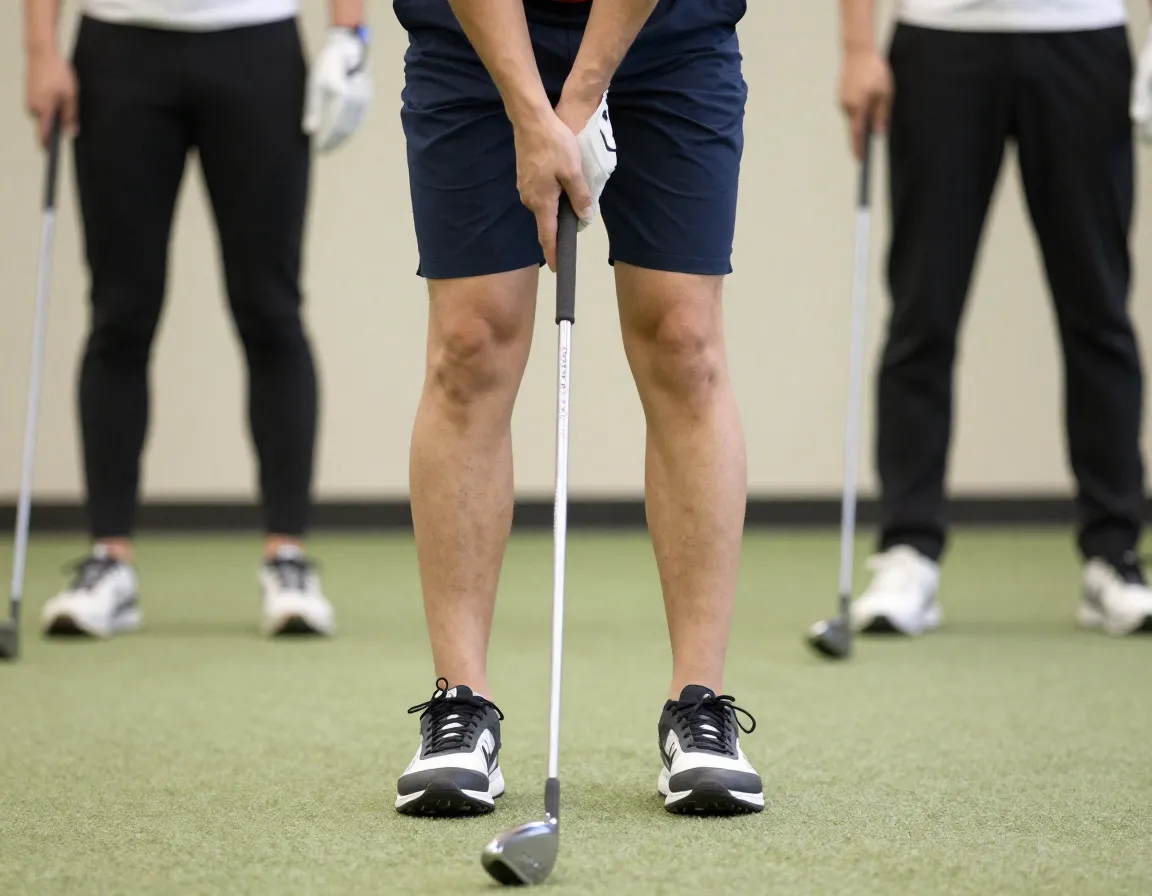 Feet together balance drill performing half speed swing