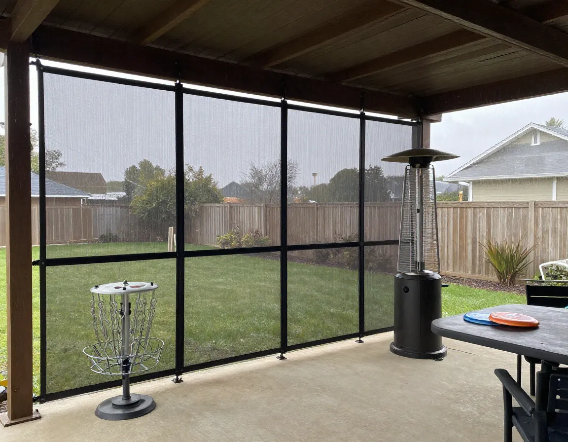 Outdoor indoor hybrid system on covered patio with retractable screen