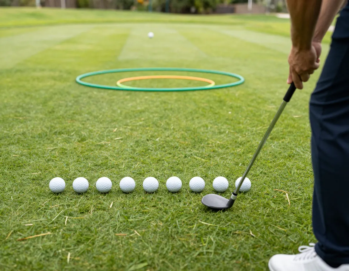 Person chipping golf balls into a hula hoop target drill