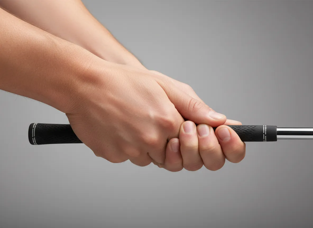 Golfer demonstrating overlapping vardon grip on a club in good light