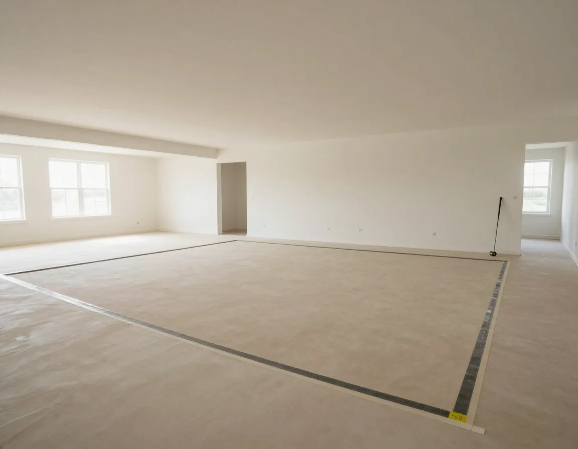 Flat open living room space marked for putting green installation
