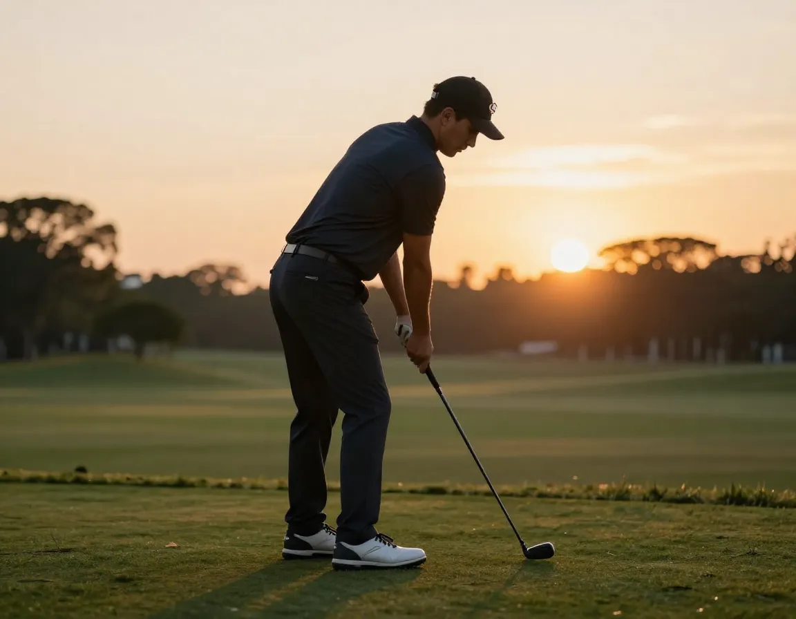 Golfer in athletic setup stance on a practice tee at sunset