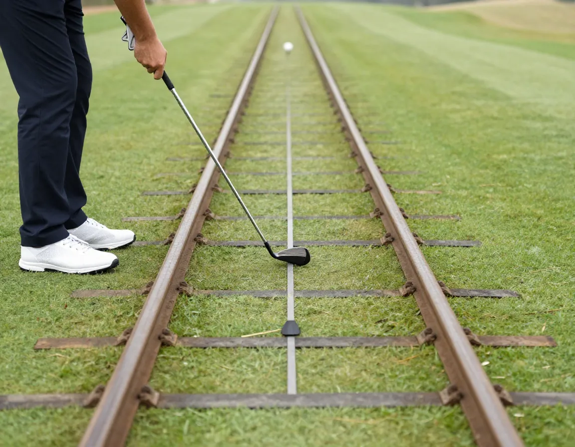 Golfer using alignment sticks for railroad track method on range