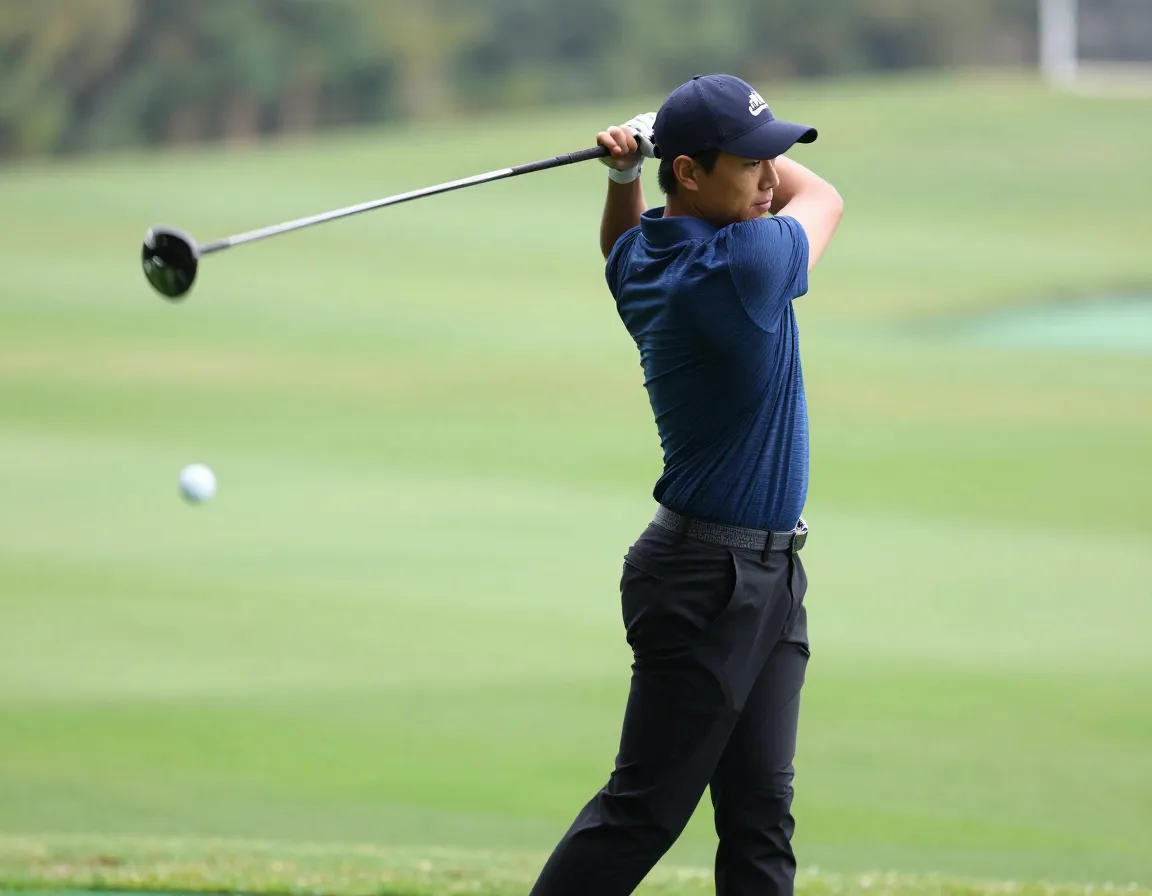 Golfer executing a smooth tempo swing on a driving range