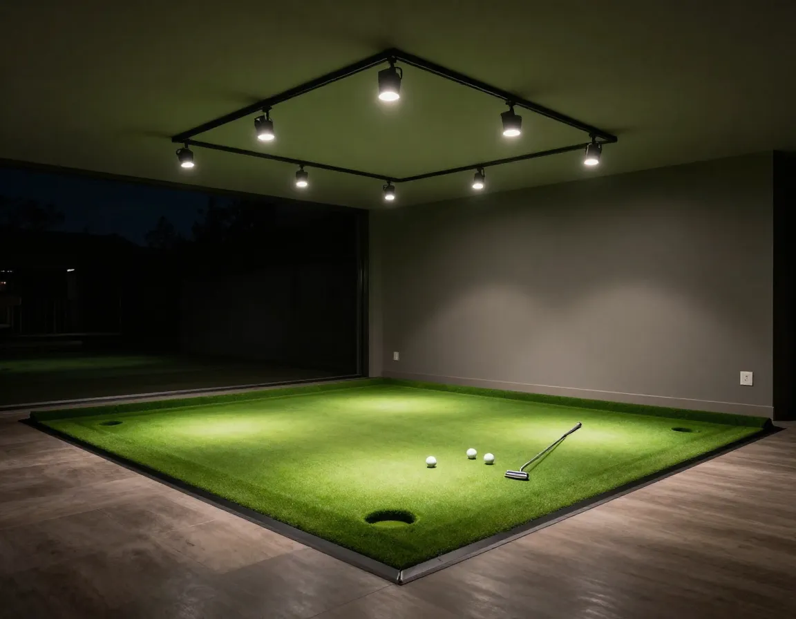 Led track lighting illuminating indoor putting green at night