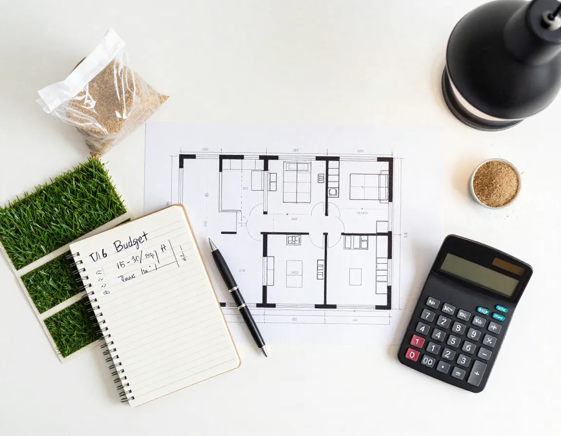 Budget notes and calculator next to putting green floor plan