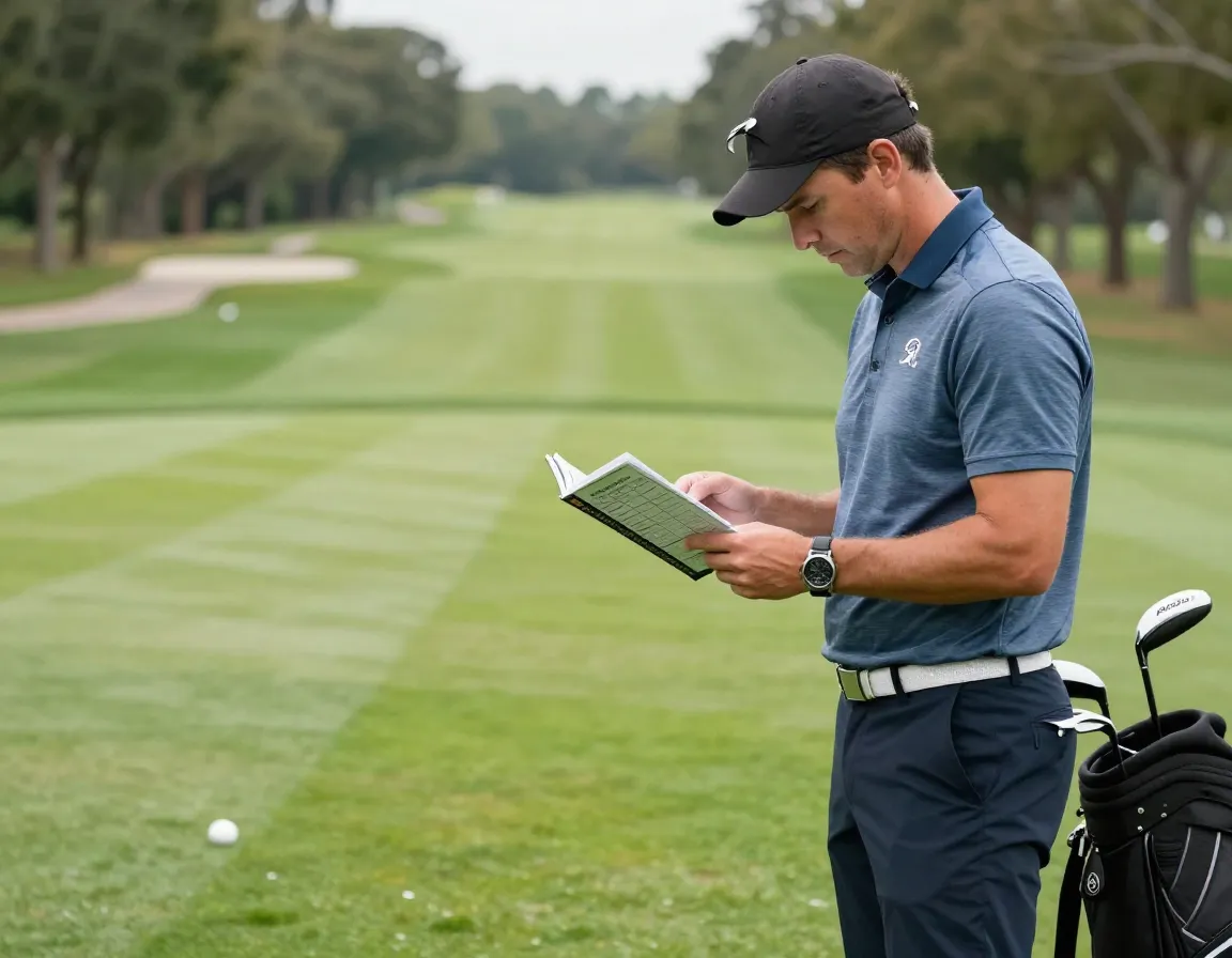 Golfer assessing course strategy with a yardage book on the tee