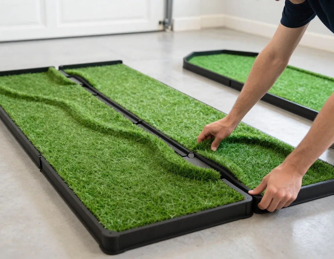 Modular interlocking putting green sections assembly demonstration