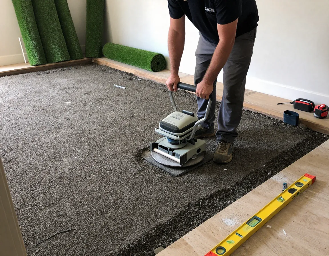 Professional installer measuring and compacting base for putting green