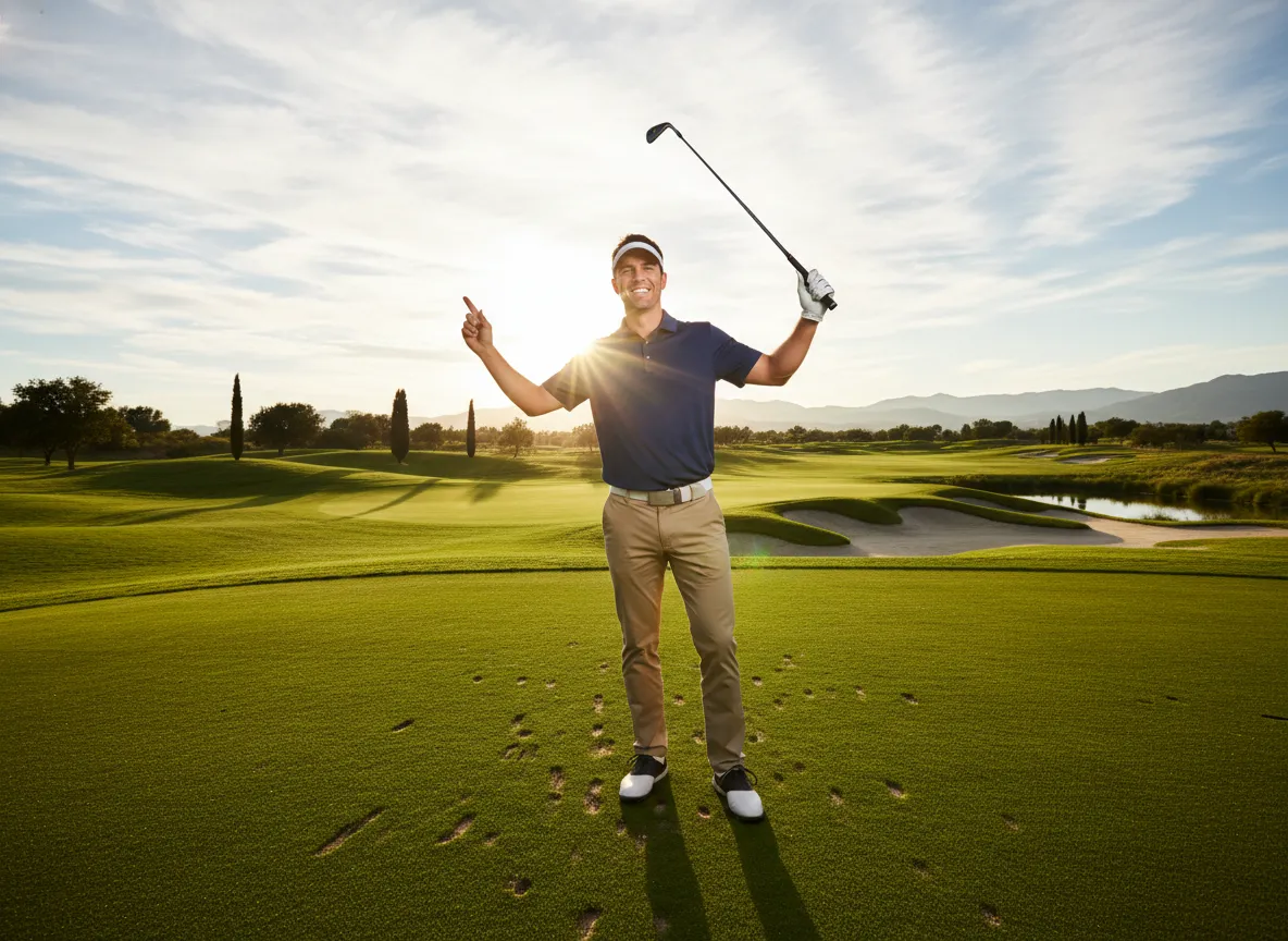 Confident golfer celebrating a successful shot on a challenging course