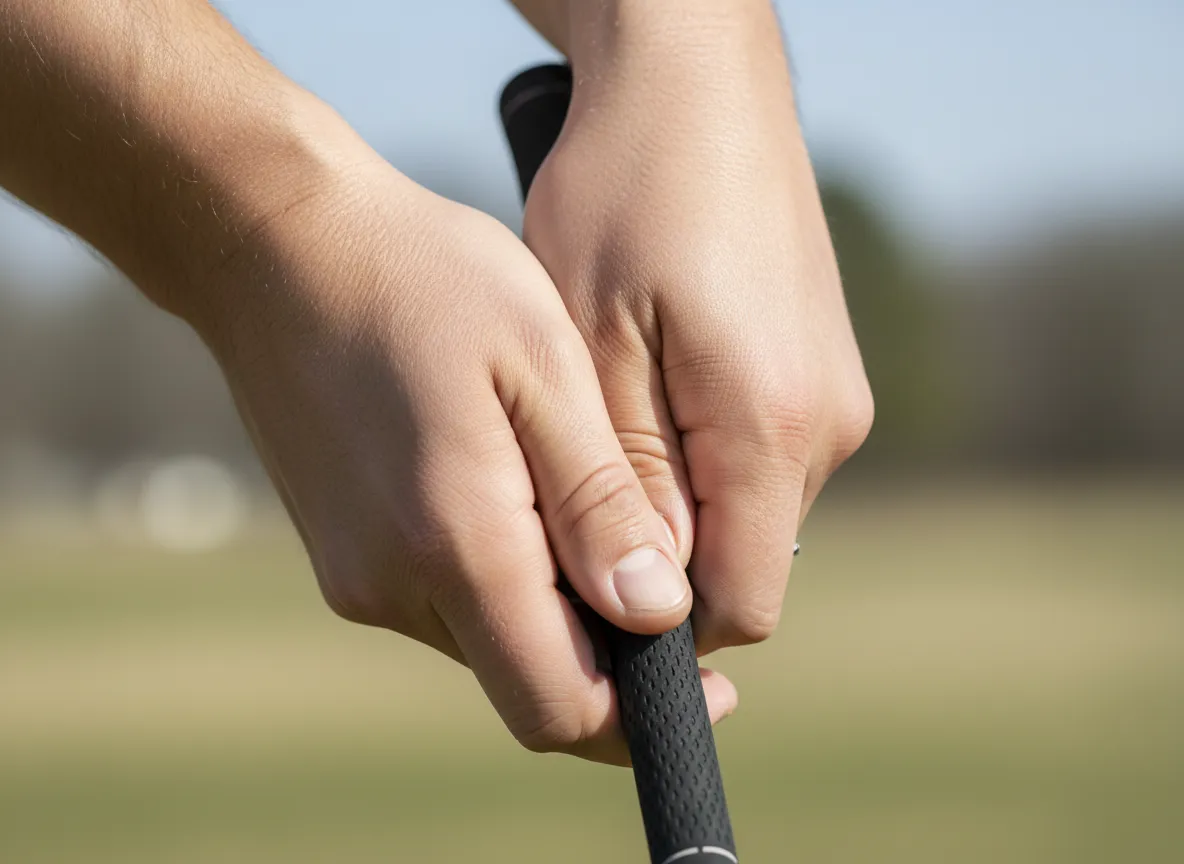 Close up hands demonstrating overlapping golf grip on club shaft