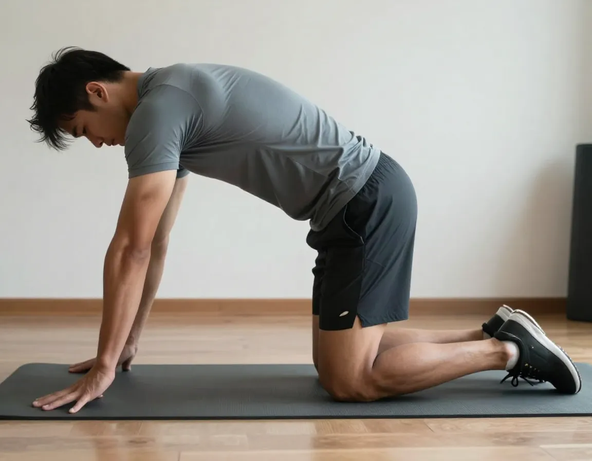 Golfer kneeling in lunge position performing hip flexor stretch