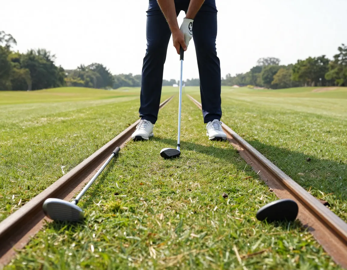Golfer aligning body and club using two clubs on ground