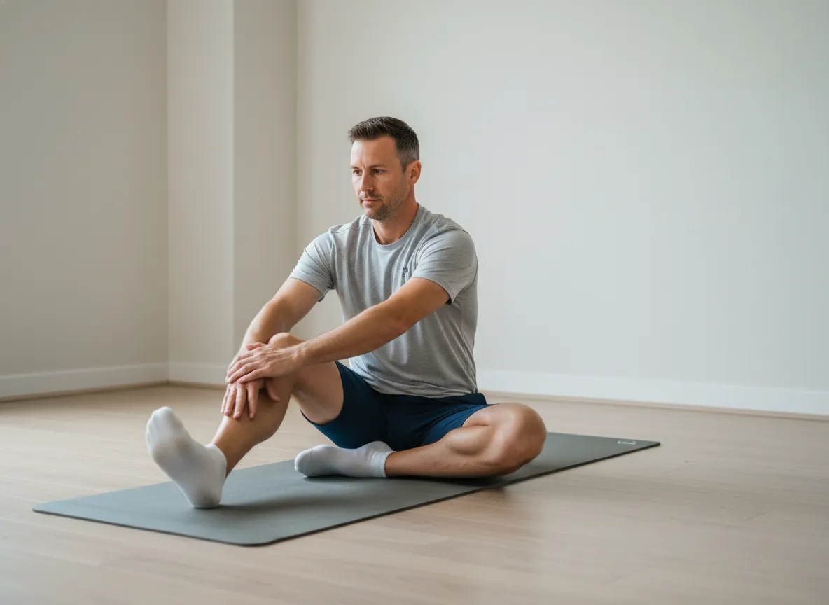 Golfer sitting on floor in 90 90 hip mobility drill position