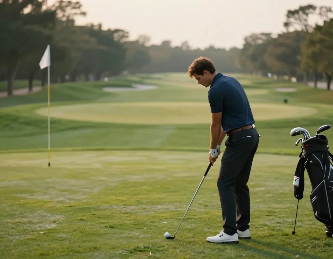 Golfer visualizing shot from behind ball on fairway