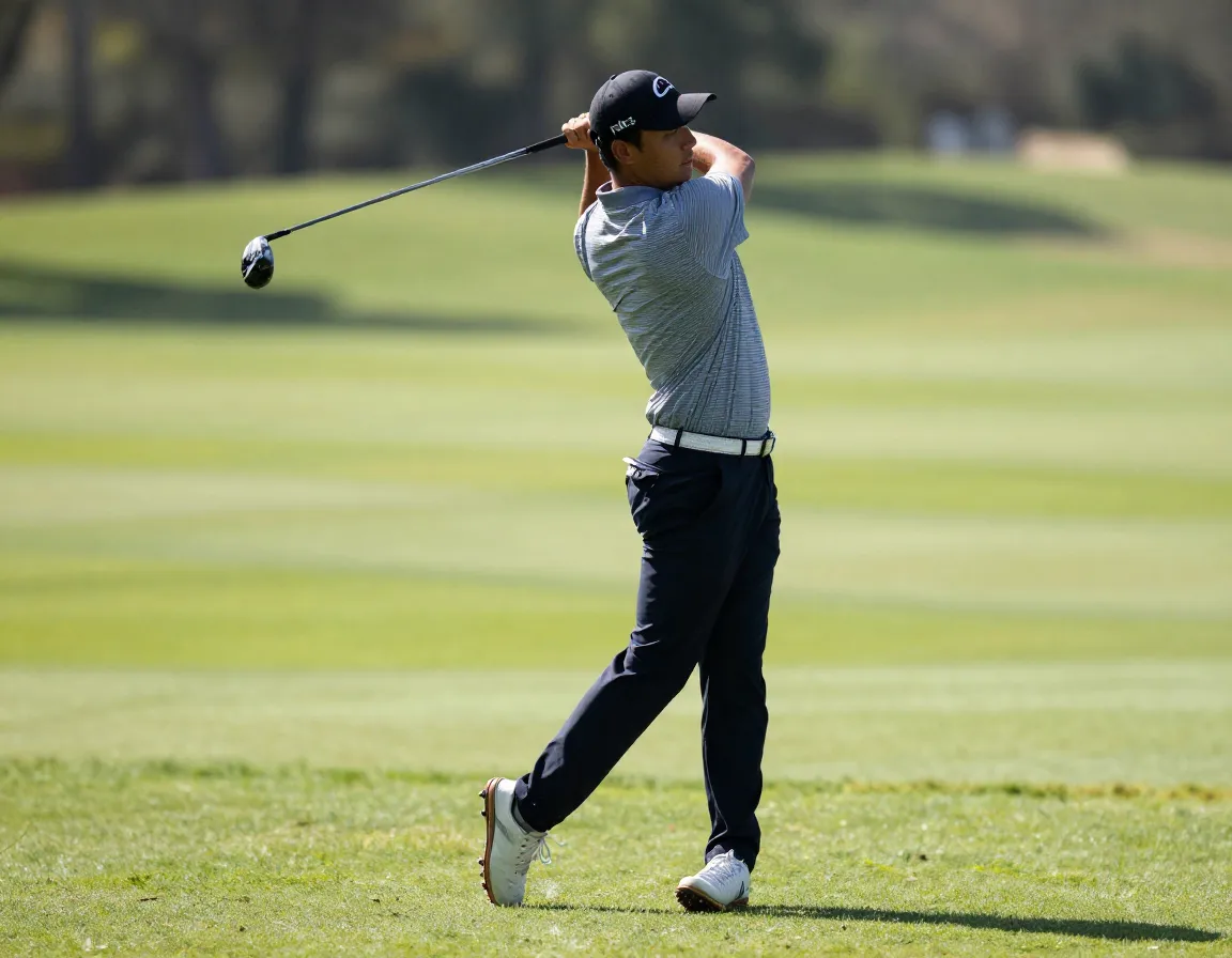 Golfer at balanced finish position after full swing