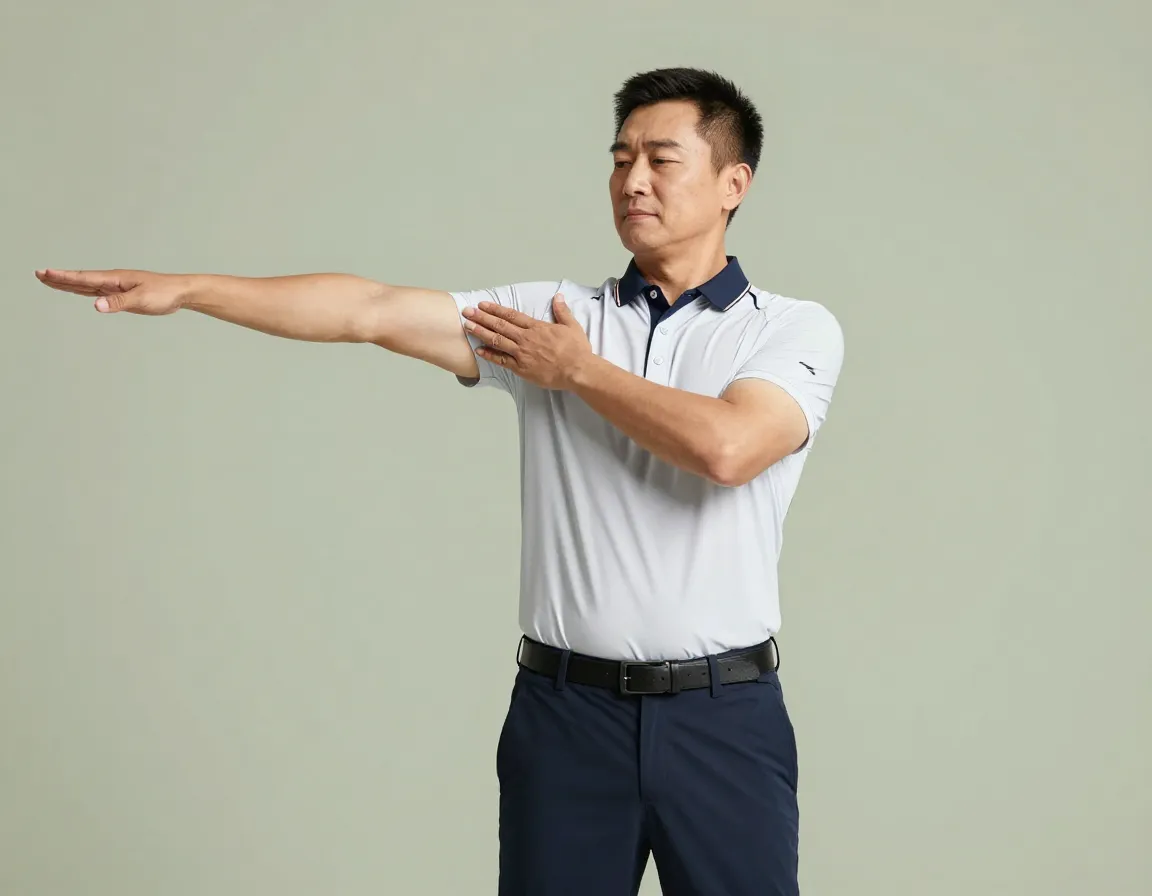 Golfer standing performing cross body shoulder stretch