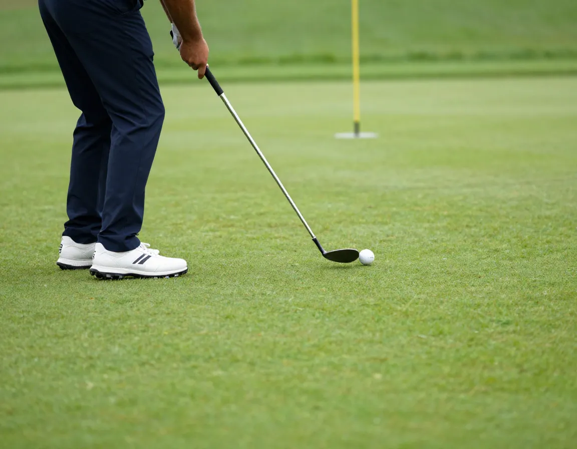 Golfer executing chip shot from fringe near green