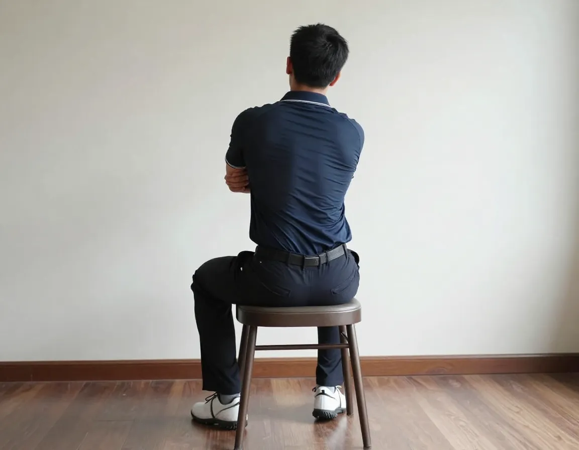 Golfer seated in chair performing seated spinal twist stretch