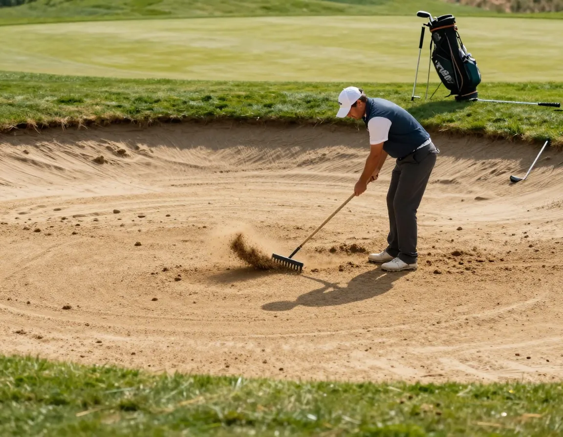 Golfer raking sand in bunker after playing shot