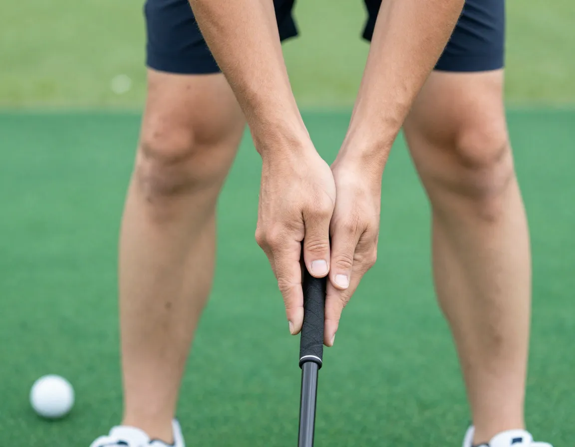 Hands holding golf club demonstrating proper neutral grip stance