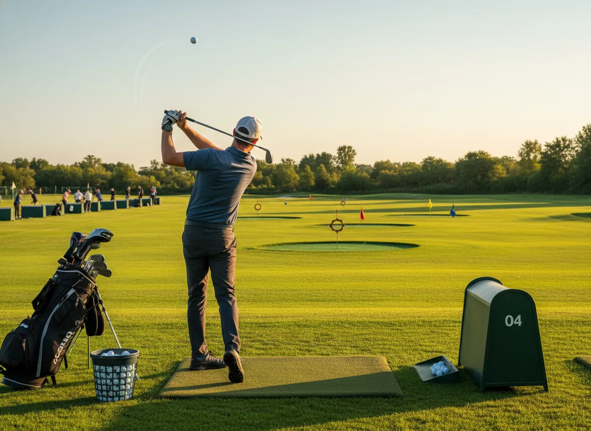 Person practicing at driving range hitting balls toward distant targets