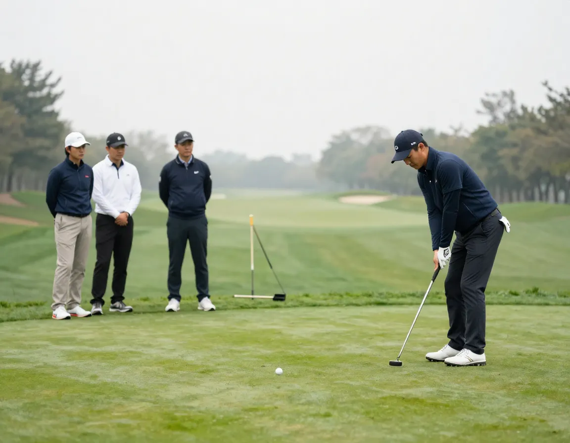 Golfers observing quiet etiquette as player prepares to swing putt