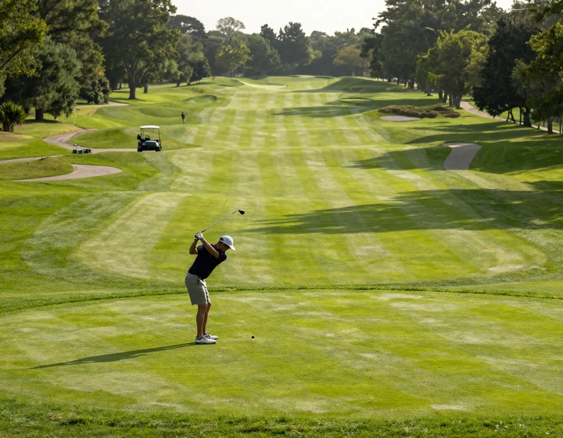 Beginner golfer teeing off on wide fairway executive course hole
