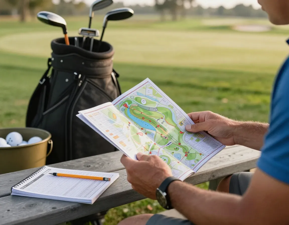 Golfer reviewing course map scorecard before starting round