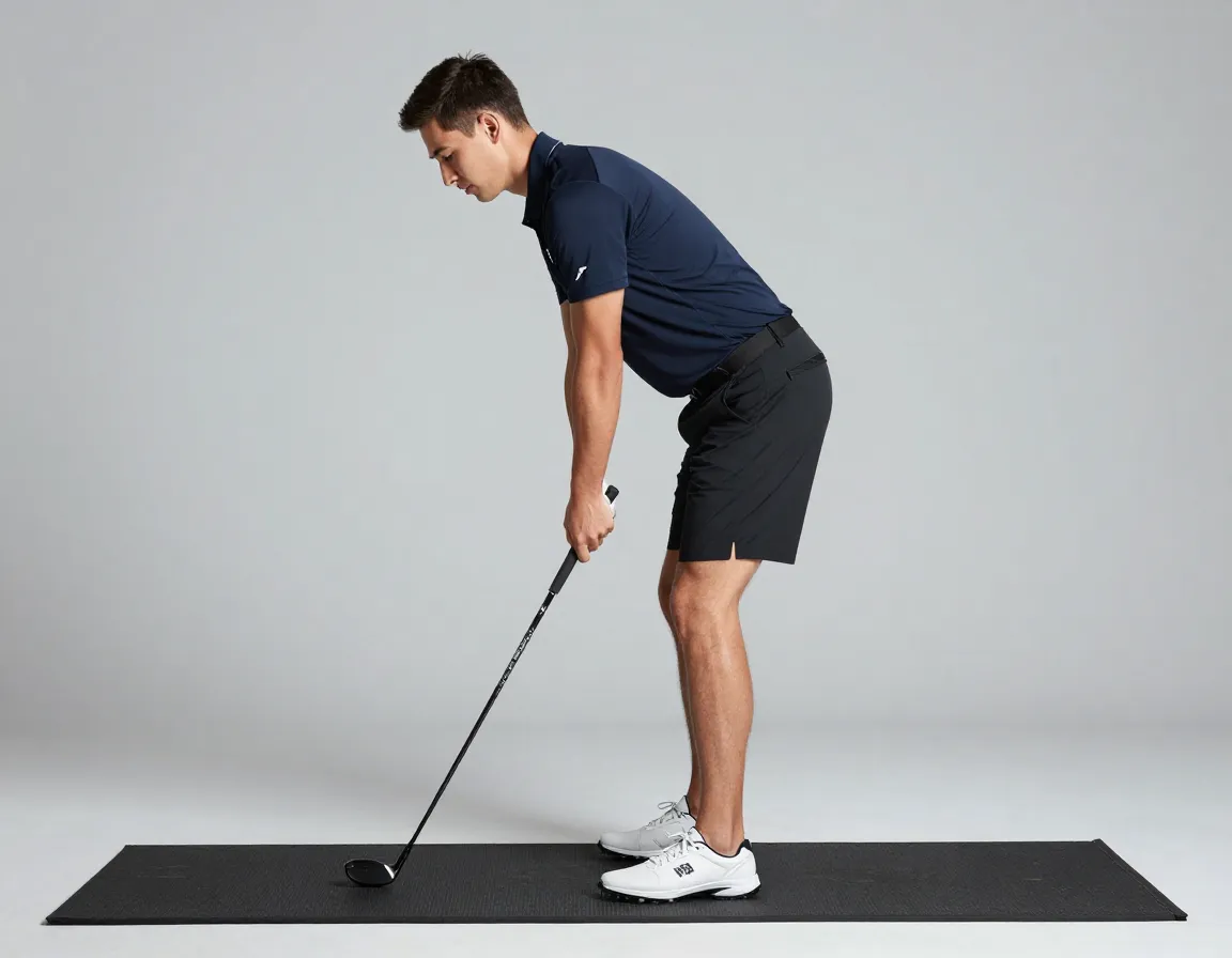 Athletic golf stance posture player on mat
