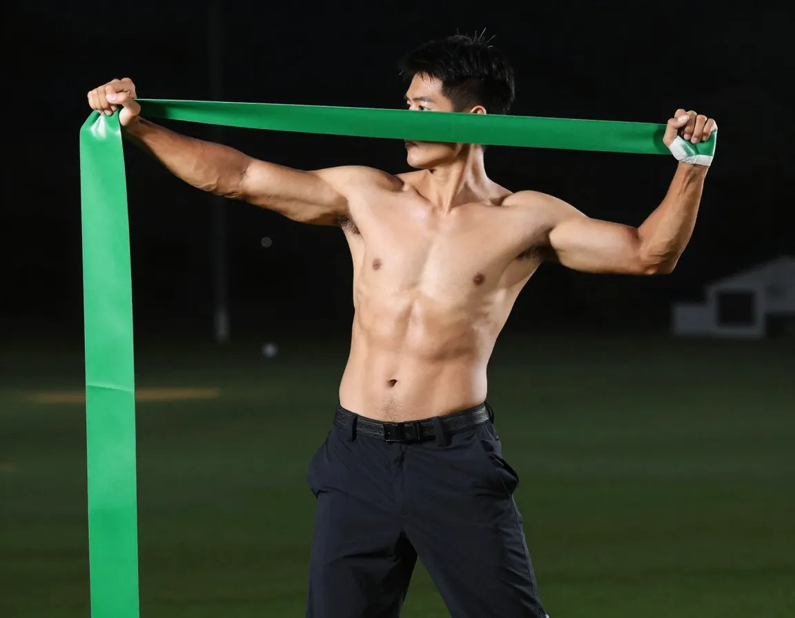 Golfer torso rotation with green resistance band