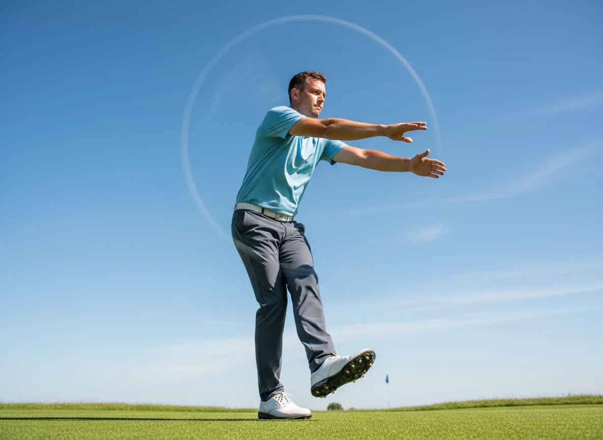 Golfer dynamic arm swings shoulder rolls practice tee