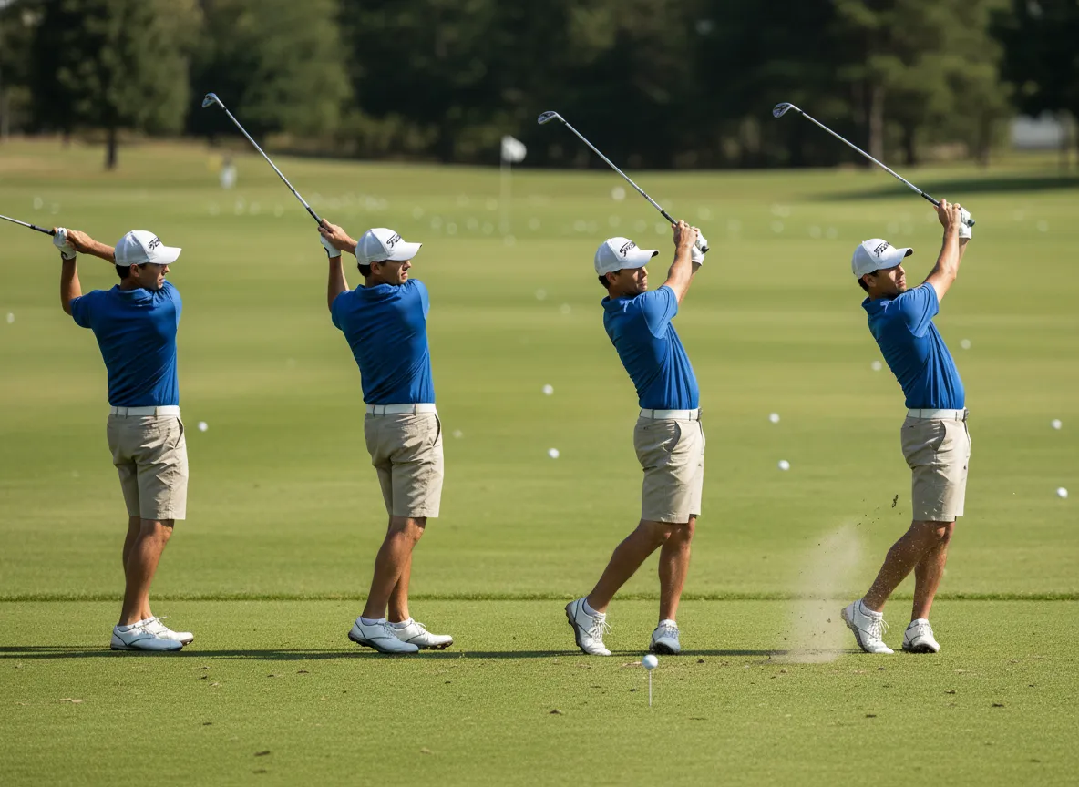 Golfer mid swing sequence on driving range