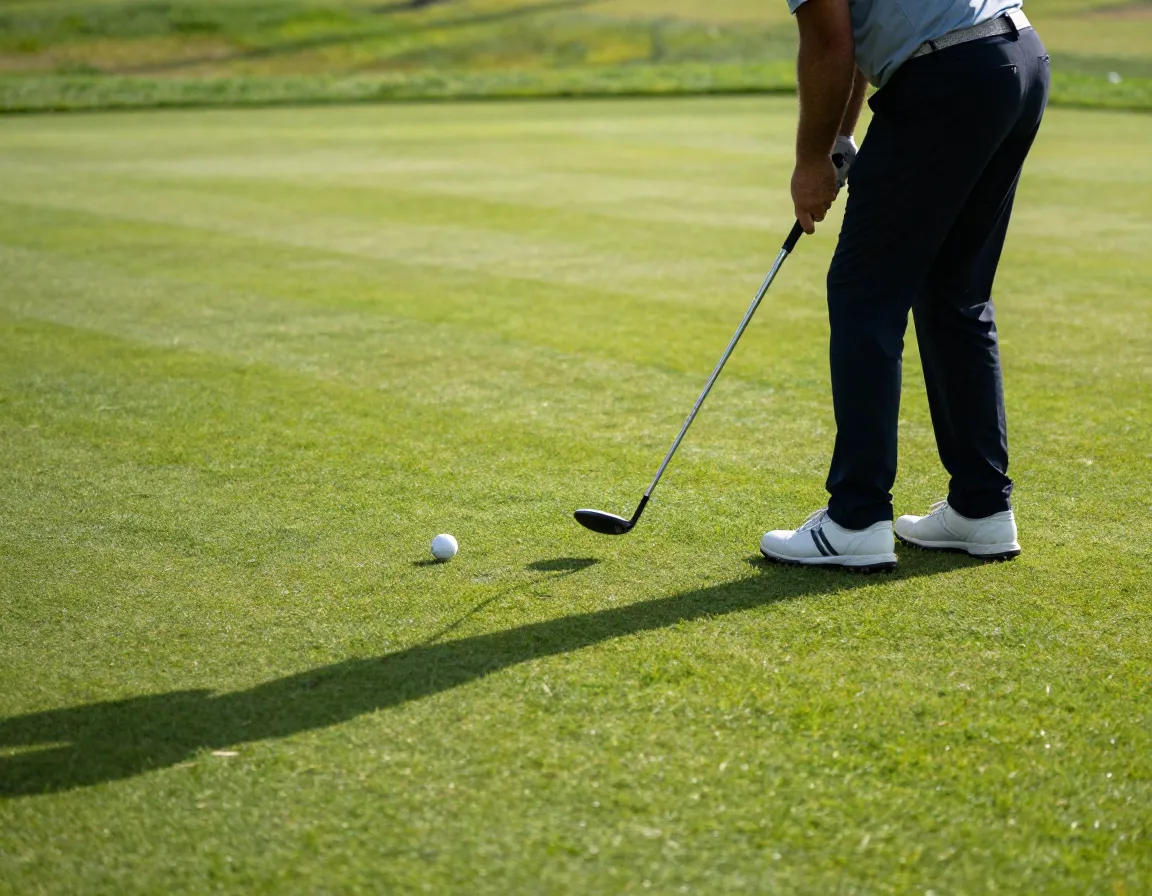 Golfer chip shot from green fringe with iron