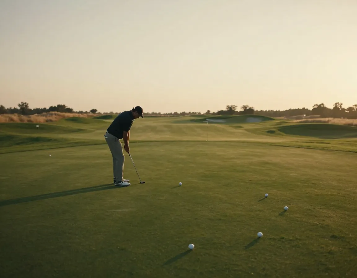 Golfer putting on practice green at dusk