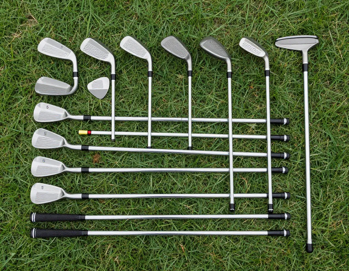 Beginner golf clubs arranged on grass selection