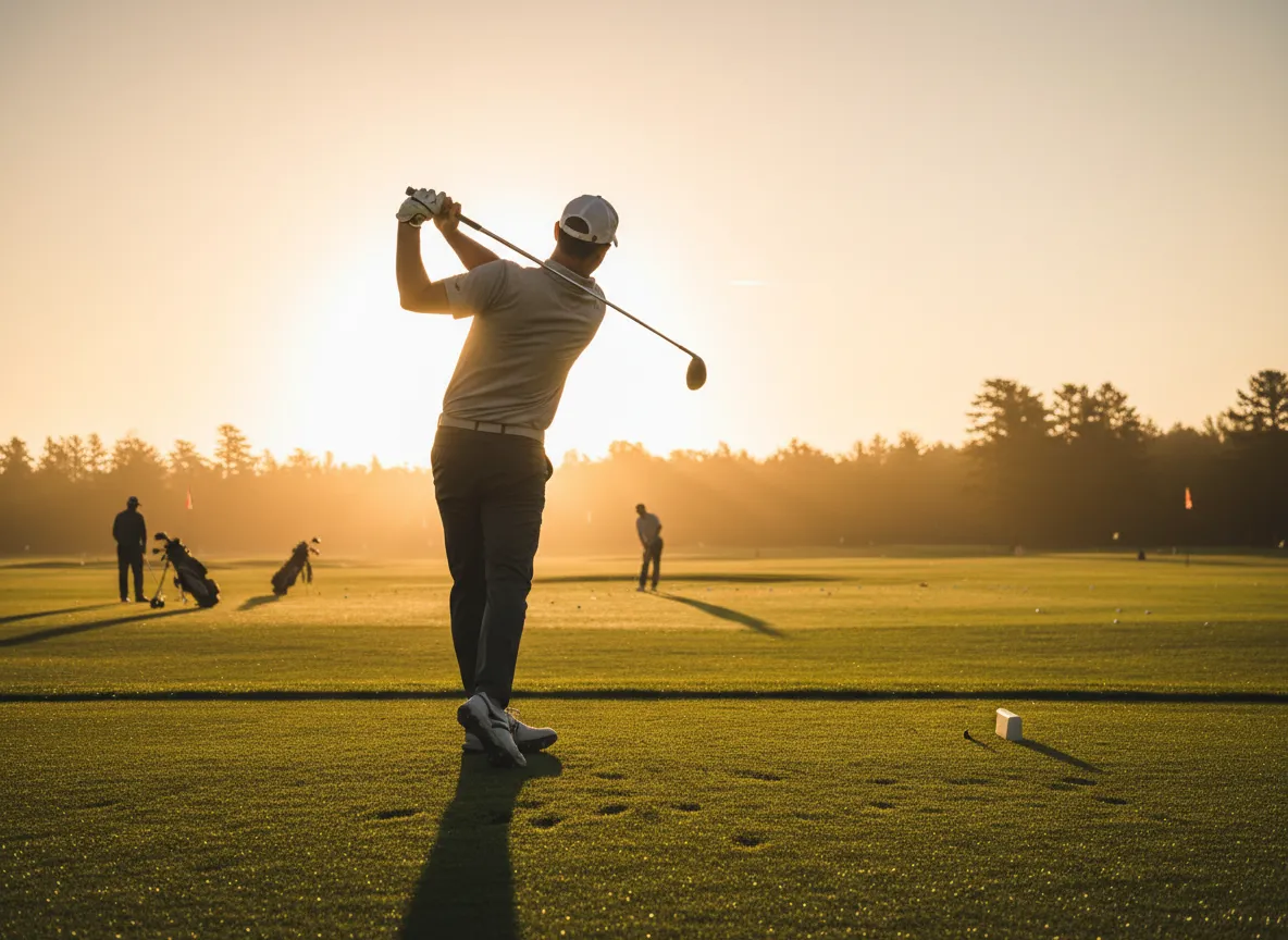 Golfer progressive practice swing golden hour tee box