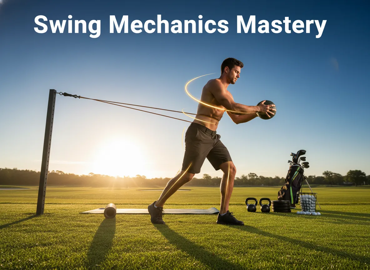 Golfer mid swing dynamic rotation medicine ball resistance band dawn