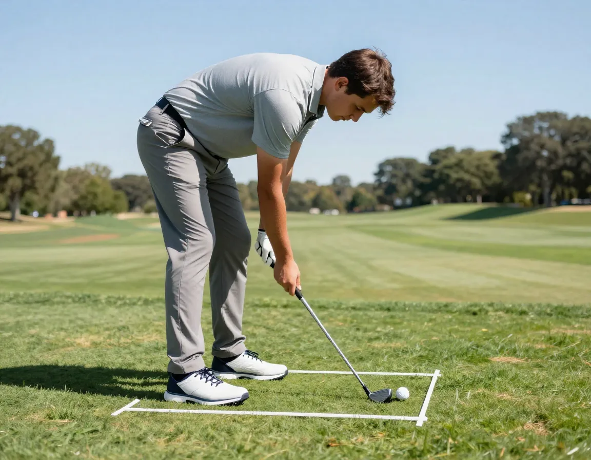 Golfer practicing stance alignment on driving range with golf club