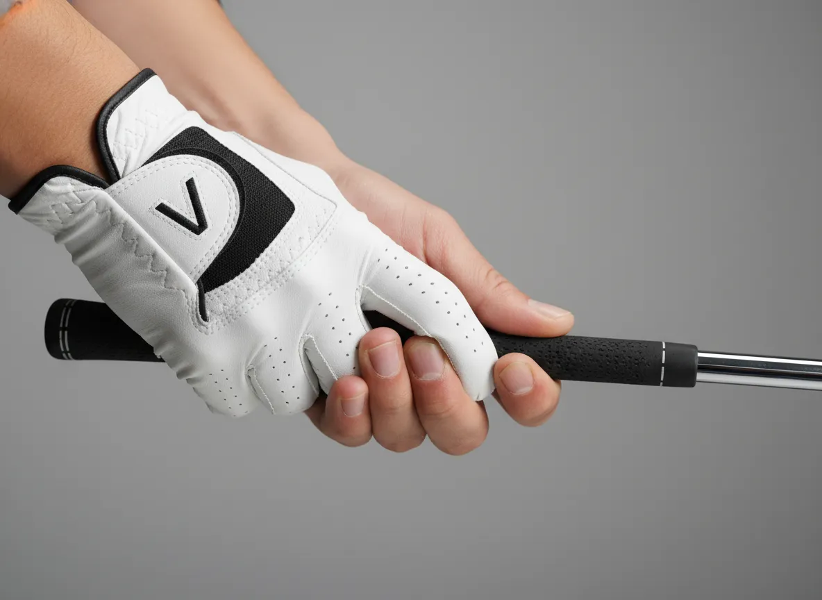 Close up detail of golfers overlapping grip on a golf club