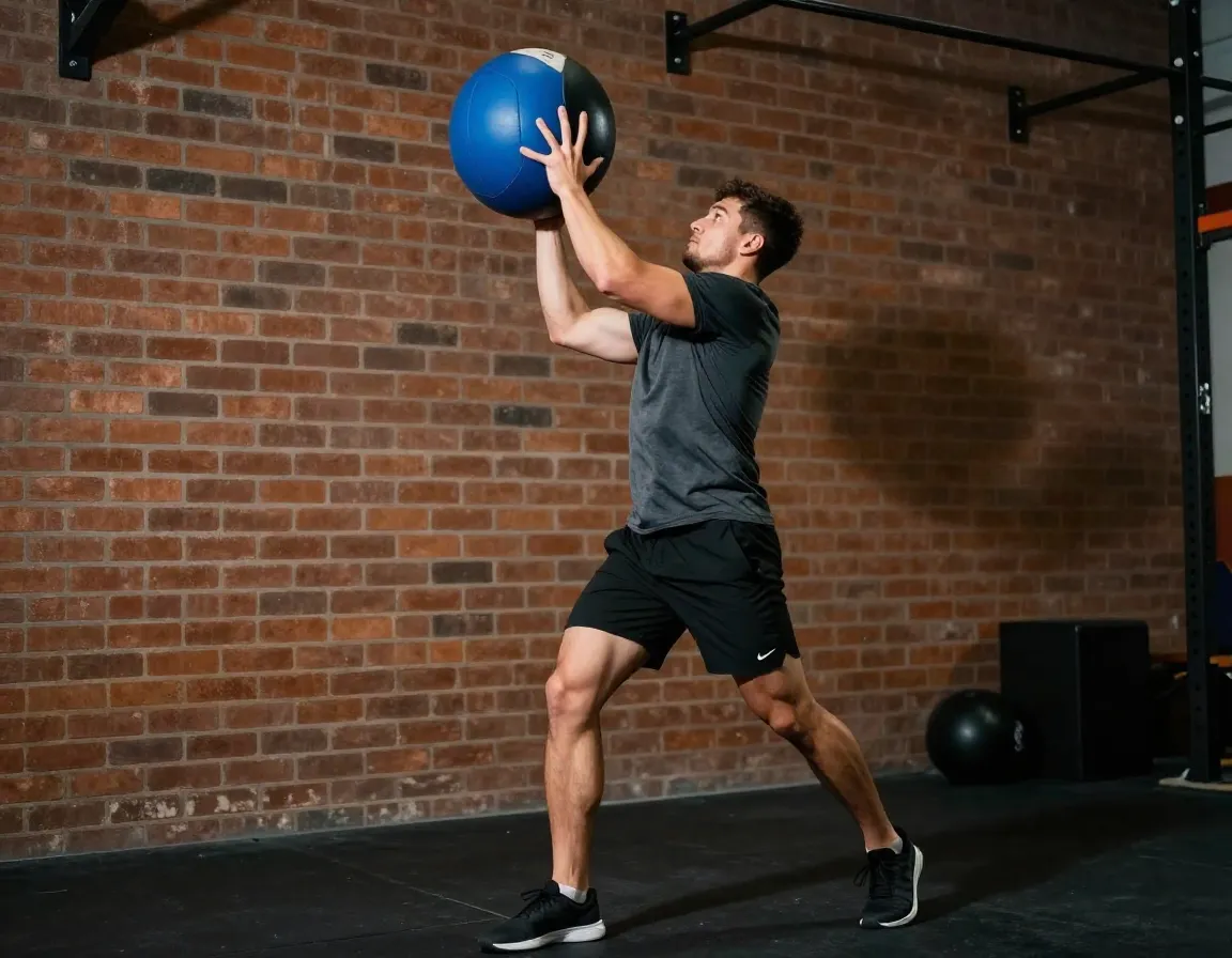 Athlete explosively throwing medicine ball against gym wall