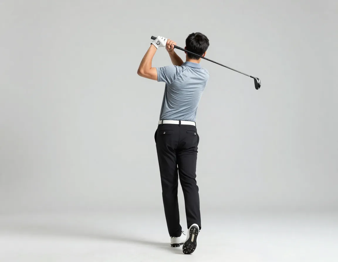 Golfer at halfway back swing position with club parallel to ground