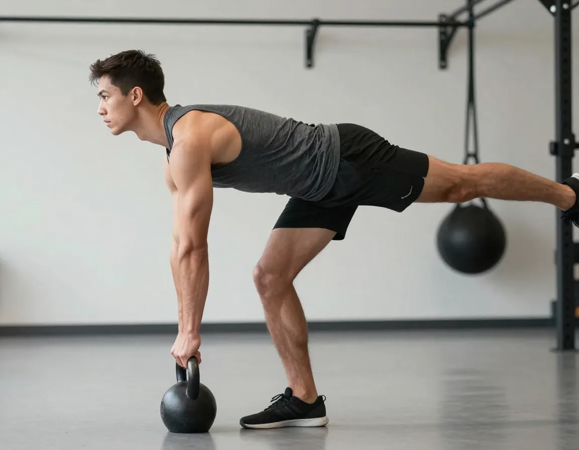 Athlete performing single leg deadlift with kettlebell for balance