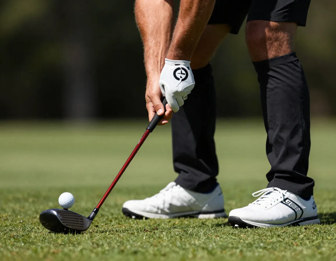 Golfer at impact position with hands ahead of clubhead striking ball