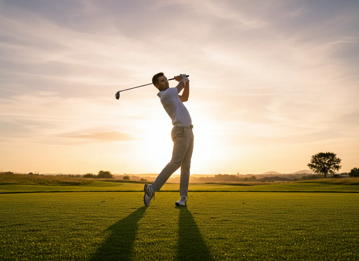 Golfer in balanced finish position with club over left shoulder