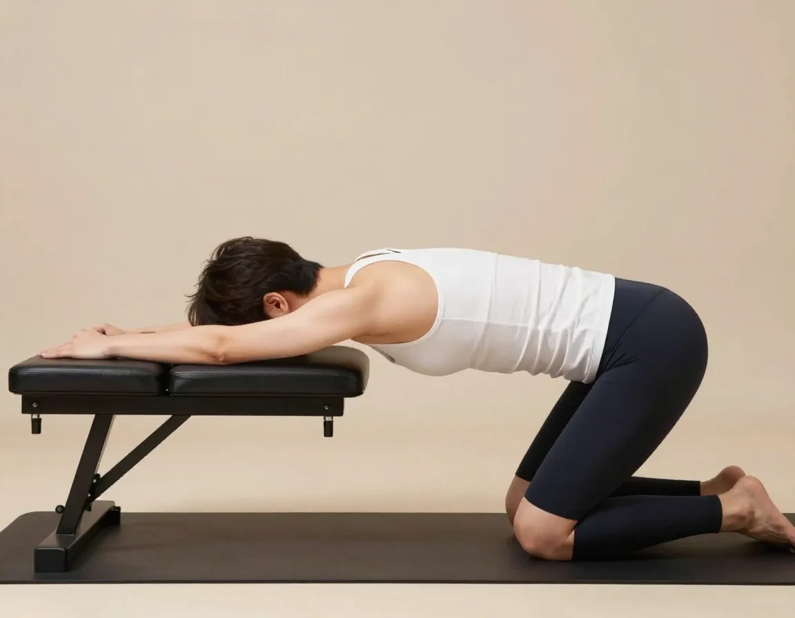 Athlete kneeling performing thoracic extension stretch on bench