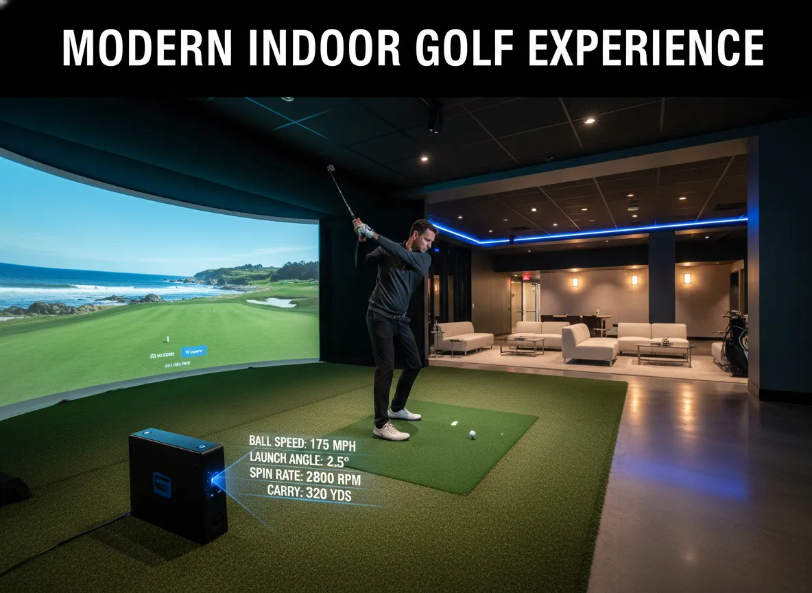 Golfer 4k simulator premium turf lounge launch monitor modern facility