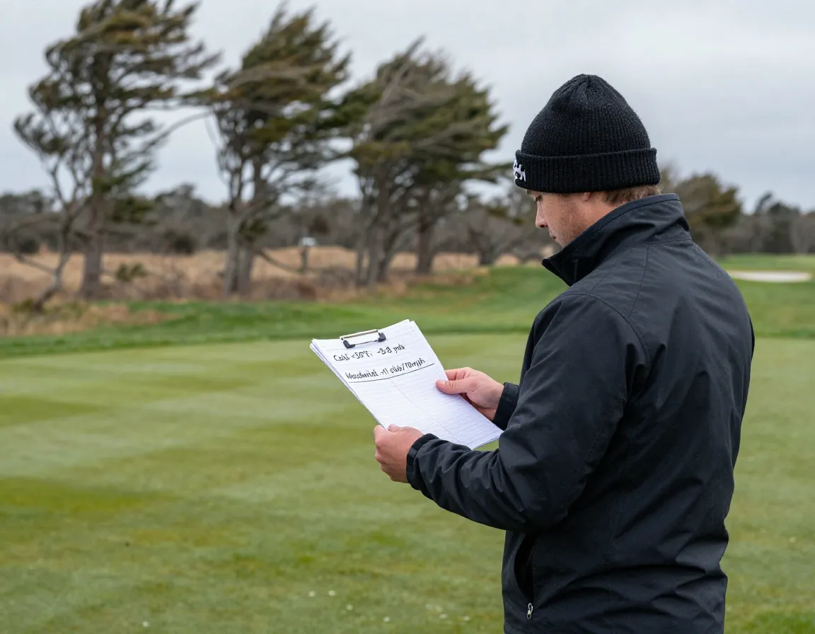 Golfer adjusting for cold weather and headwind on the course